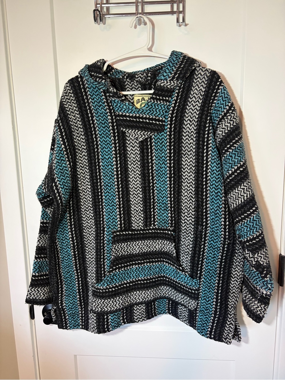 VINTAGE BAJA JOE Striped Hoodie Sweater - Teal, Black & White